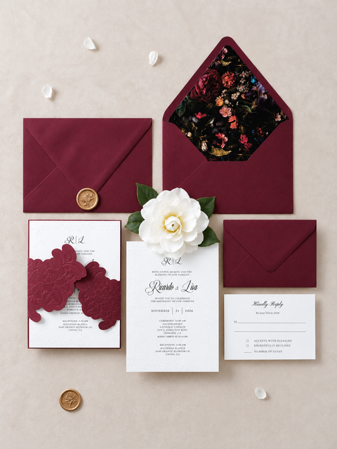 NingsPaper Burgundy Embossed Wedding Invitation Suite