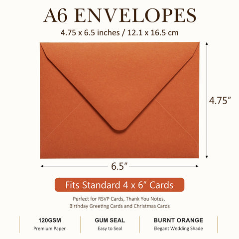 NingsPaper 50 Pieces Burnt Orange A6 Envelopes 4 x 6 Envelopes with Gold Stickers