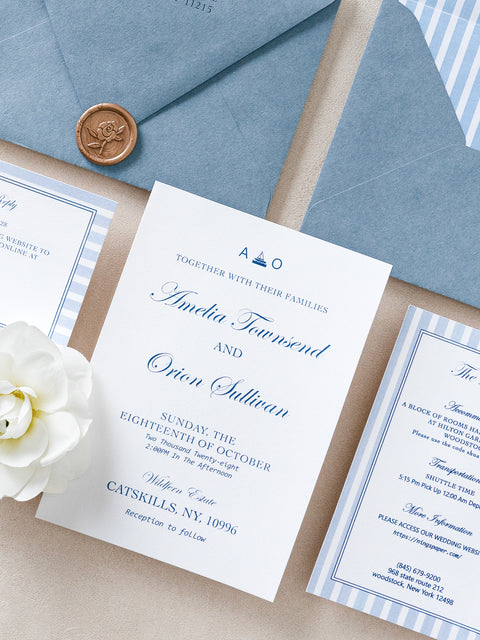NingsPaper Dusty Blue Stripes Liner Wedding Invitation Suite