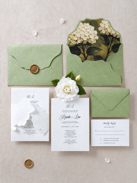 NingsPaper Sage Green Letterpress Wedding Invitation Suites