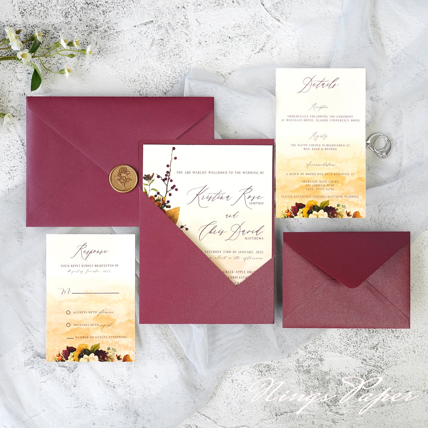 NingsPaper Burgundy Panel Pocket Wedding Invitations Cards with Envelopes