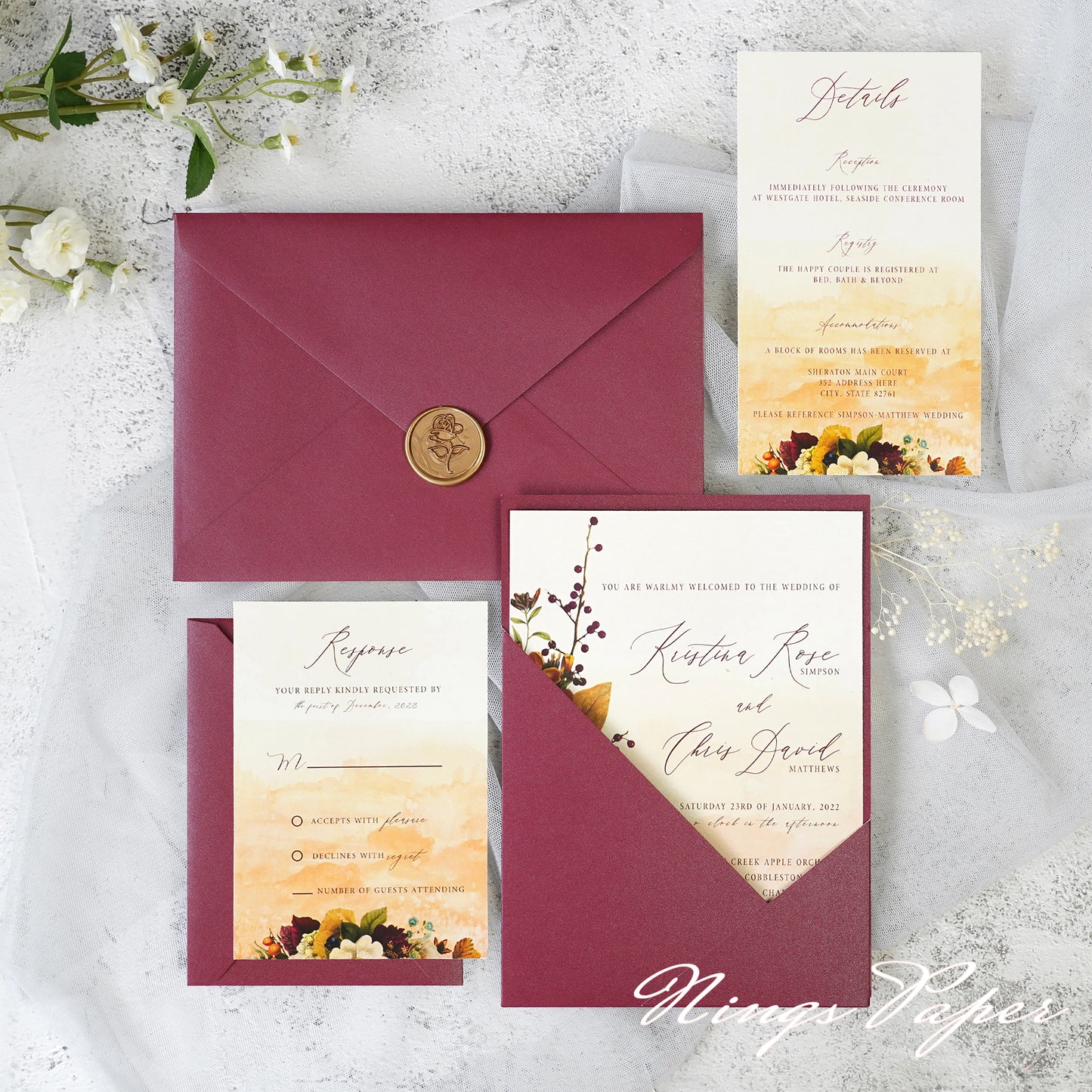 NingsPaper Burgundy Panel Pocket Wedding Invitations Cards with Envelopes