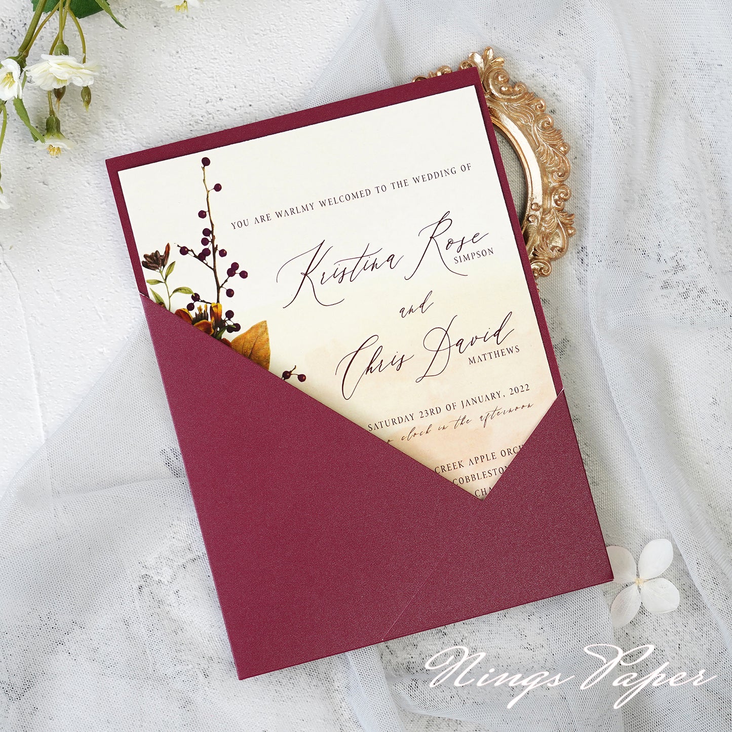 NingsPaper Burgundy Panel Pocket Wedding Invitations Cards with Envelopes