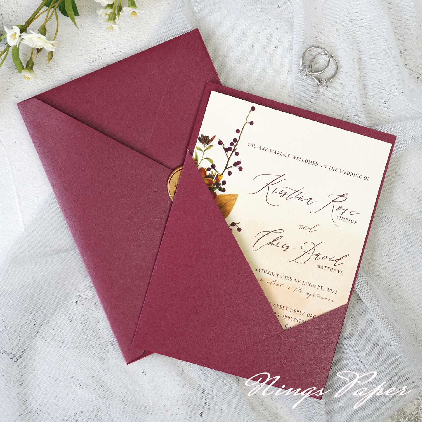 NingsPaper Burgundy Panel Pocket Wedding Invitations Cards with Envelopes