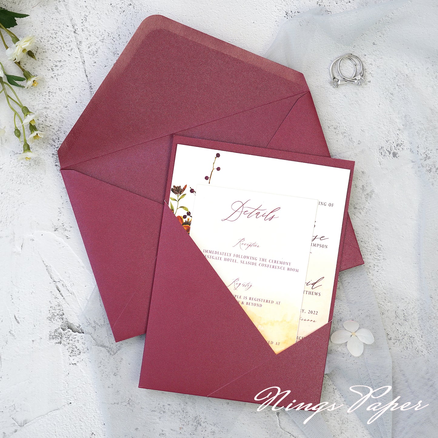 NingsPaper Burgundy Panel Pocket Wedding Invitations Cards with Envelopes