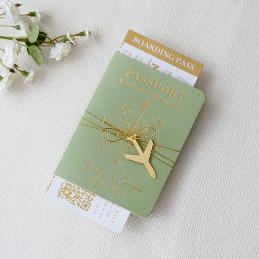 NingsPaper Sage Green Wedding Passport Invite & Mirror Tag Passport Invitation Suite