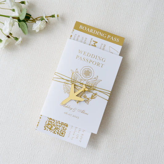 NingsPaper White Wedding Passport Invite & Mirror Tag Passport Invitation Suite
