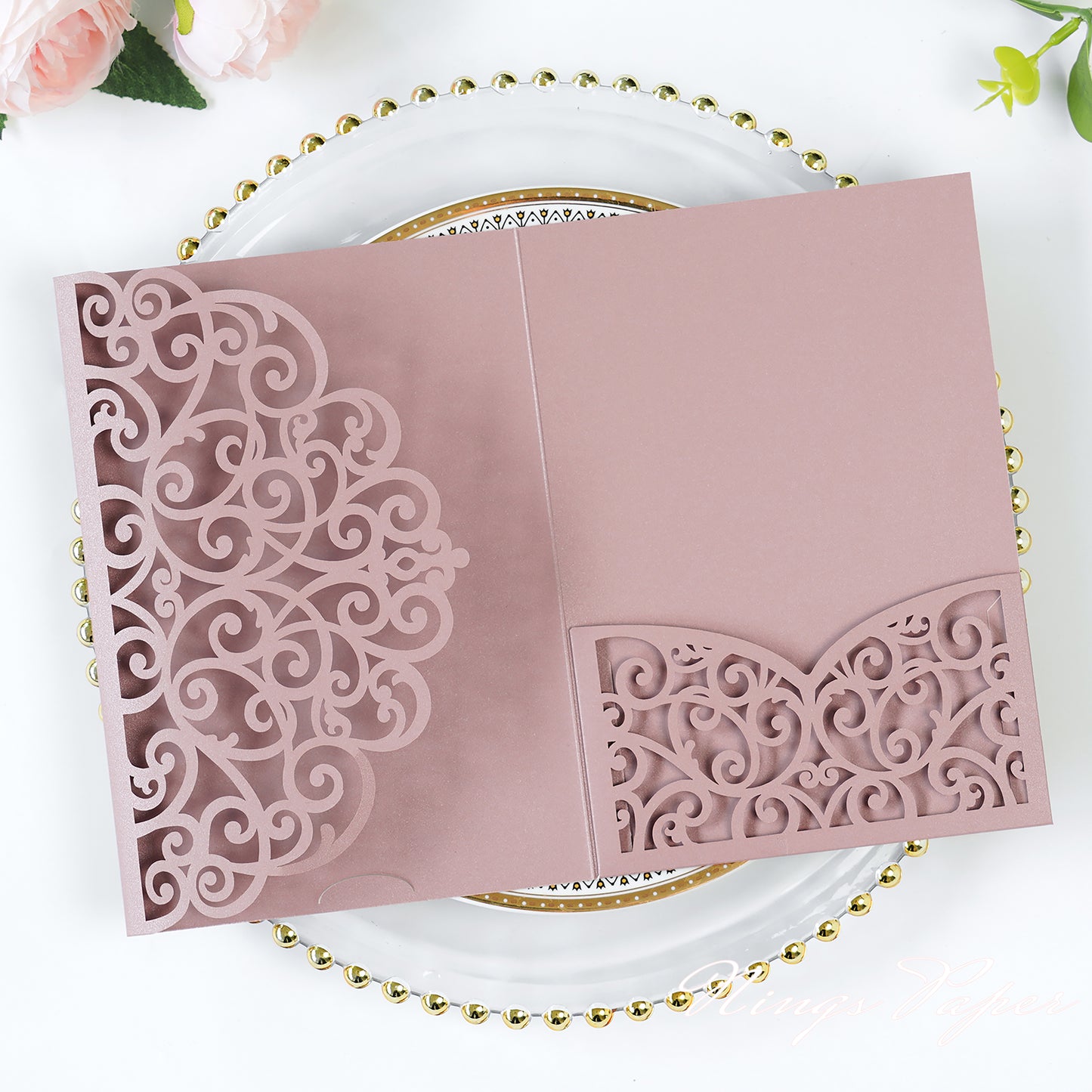 NingsPaper Dusty Rose Triple Fold Laser Cut Wedding Invitation Pocket