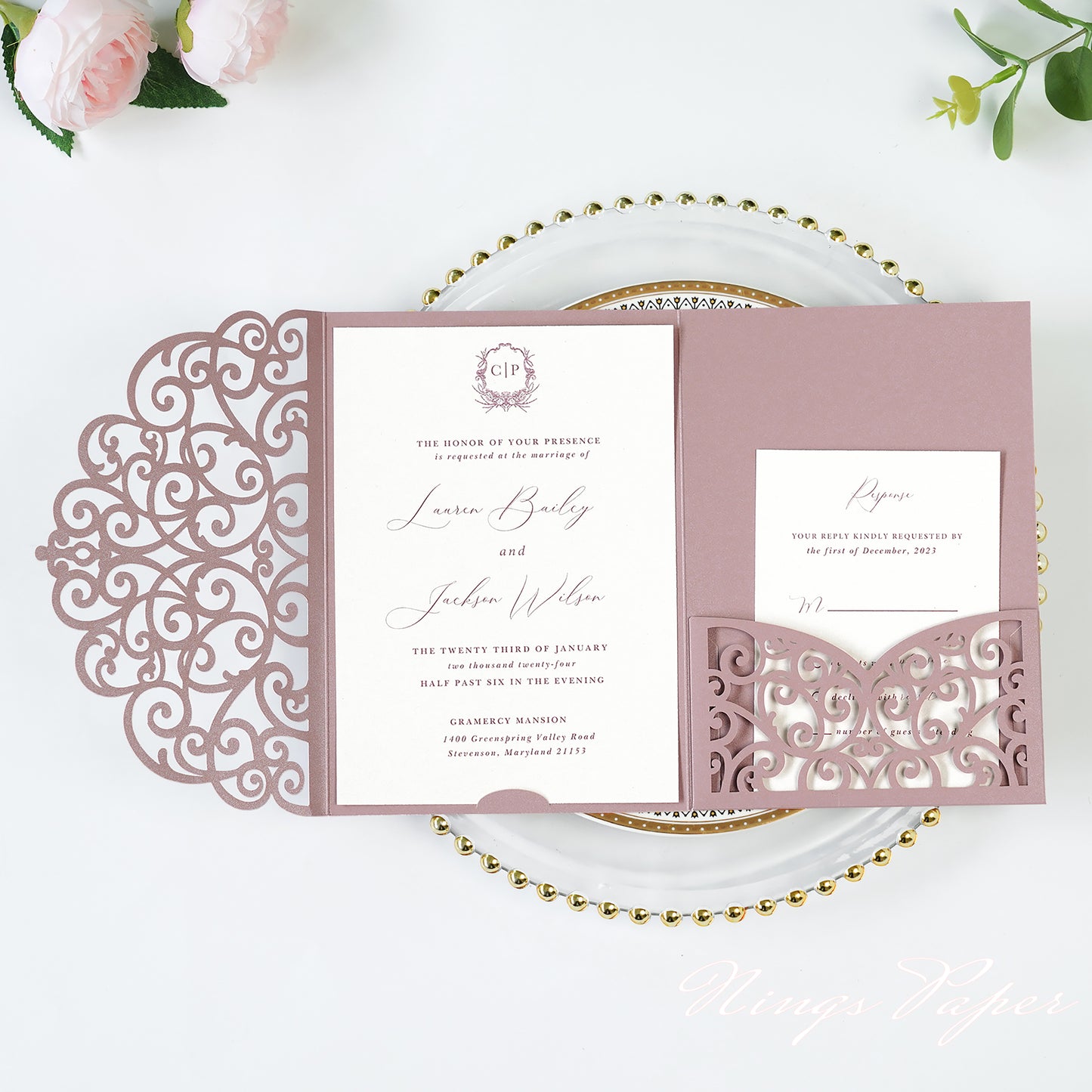 NingsPaper Dusty Rose Triple Fold Laser Cut Wedding Invitation Pocket