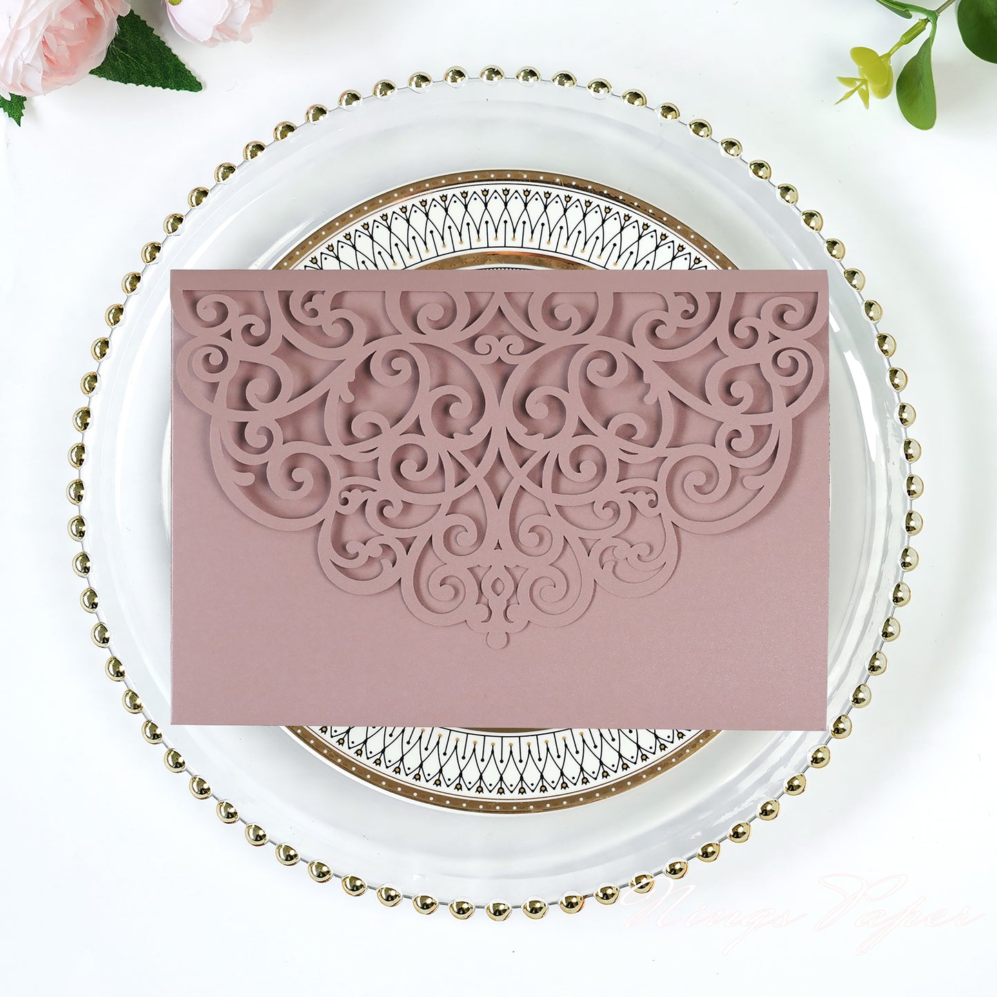 NingsPaper Dusty Rose Triple Fold Laser Cut Wedding Invitation Pocket