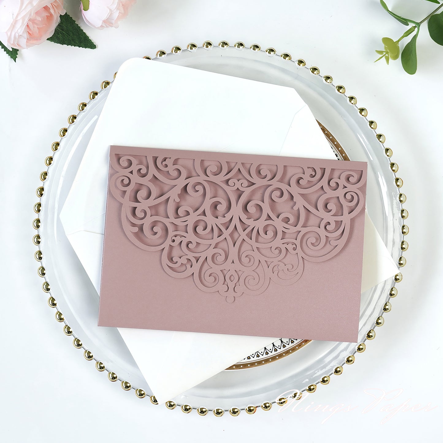 NingsPaper Dusty Rose Triple Fold Laser Cut Wedding Invitation Pocket