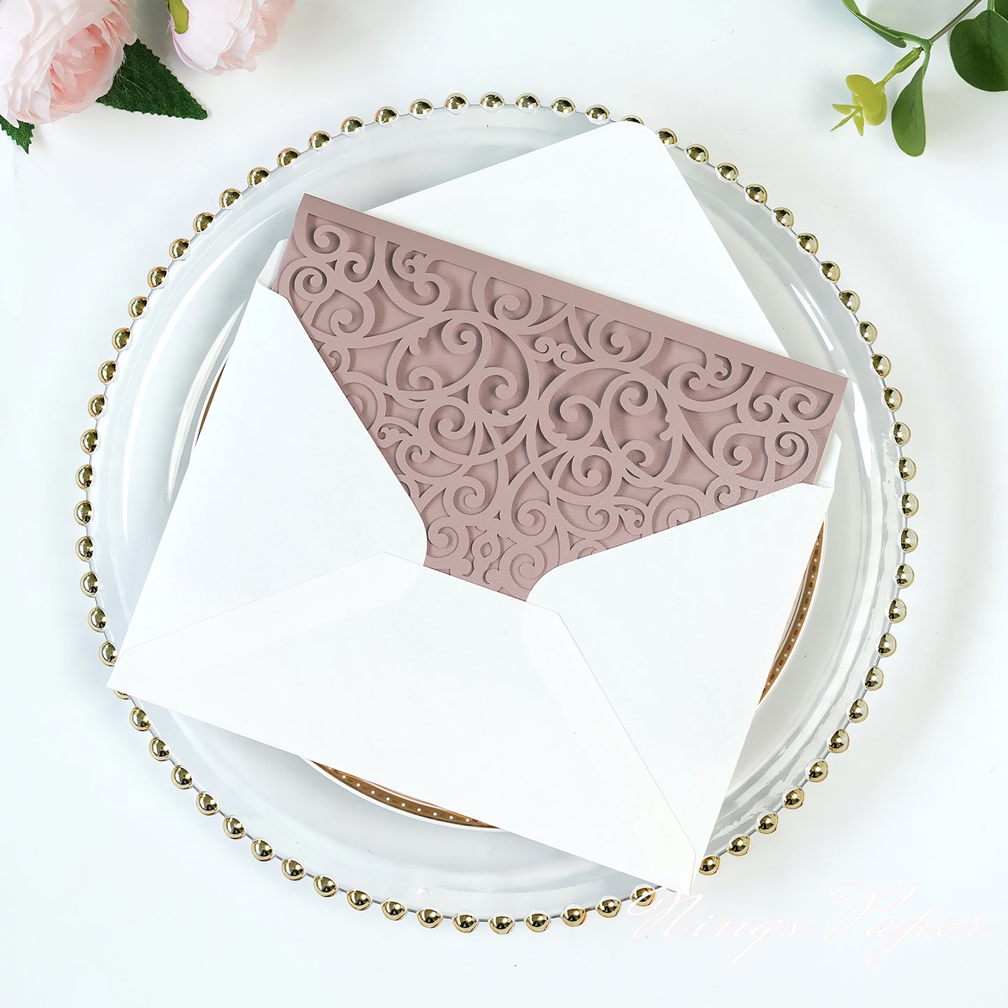 NingsPaper Dusty Rose Triple Fold Laser Cut Wedding Invitation Pocket