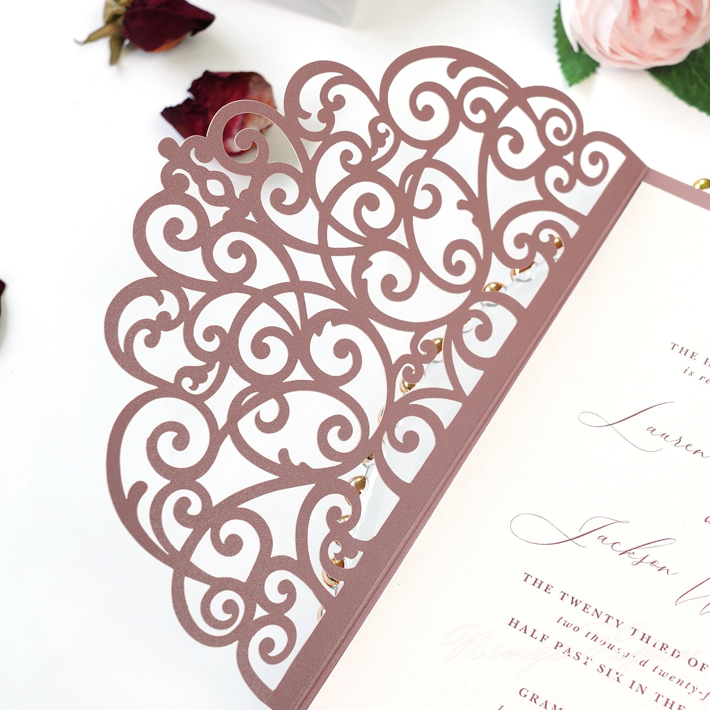 NingsPaper Dusty Rose Triple Fold Laser Cut Wedding Invitation Pocket