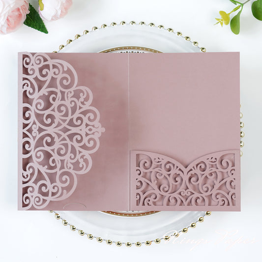 NingsPaper Dusty Rose Triple Fold Laser Cut Wedding Invitation Pocket