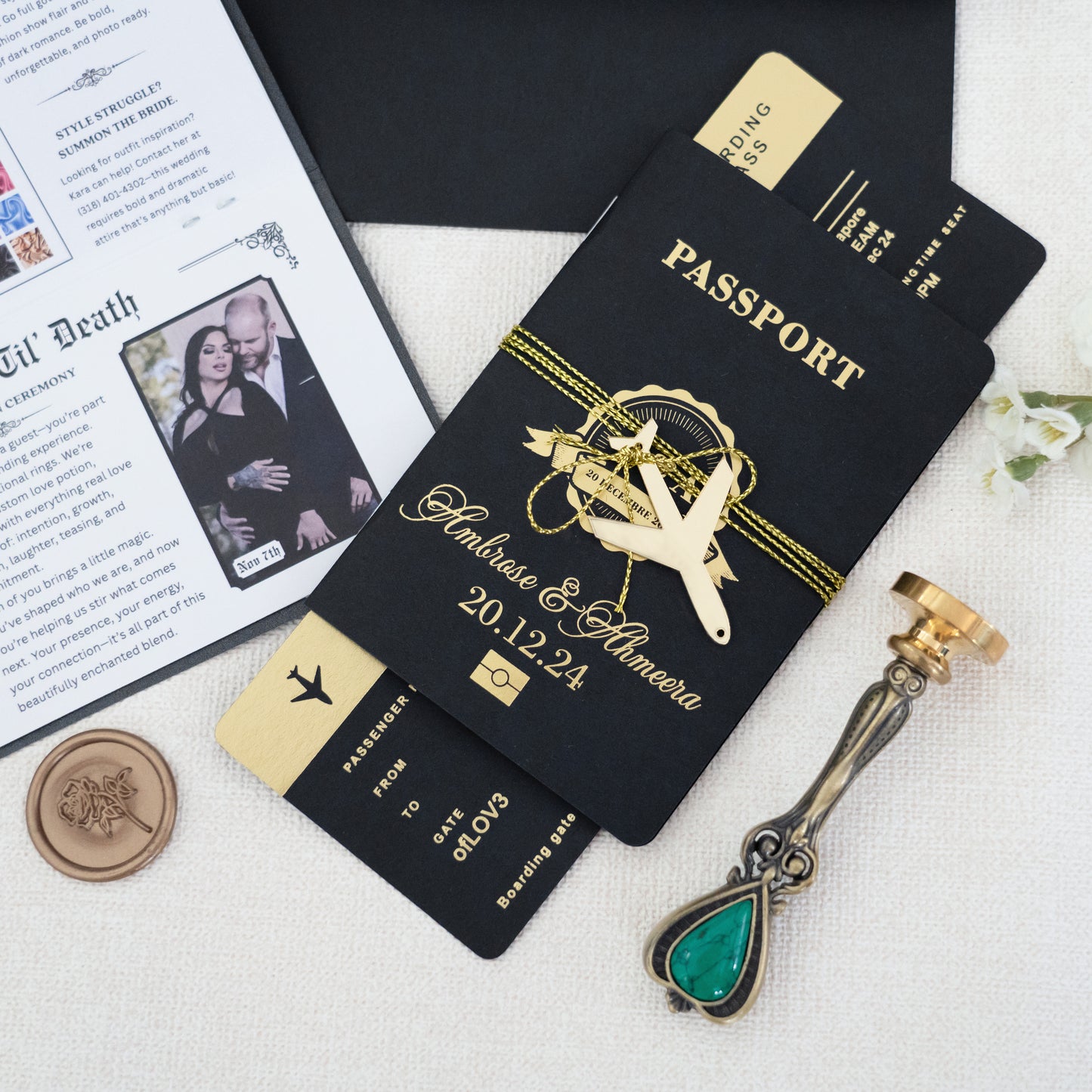 NingsPaper Black Wedding Passport Invite in Pocket & Mirror Tag Passport Invitation Suite