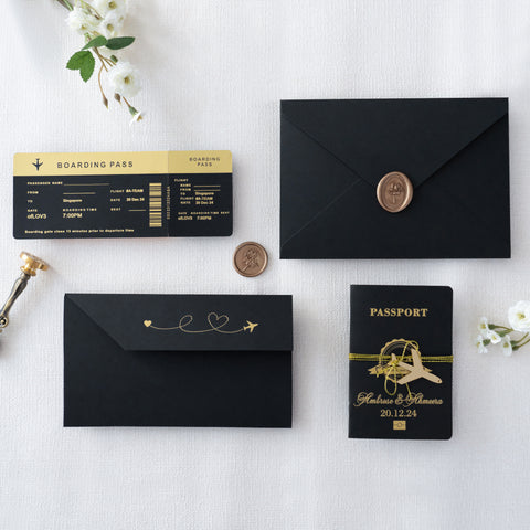 NingsPaper Black Wedding Passport Invite in Pocket & Mirror Tag Passport Invitation Suite