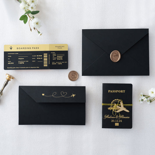 NingsPaper Black Wedding Passport Invite in Pocket & Mirror Tag Passport Invitation Suite