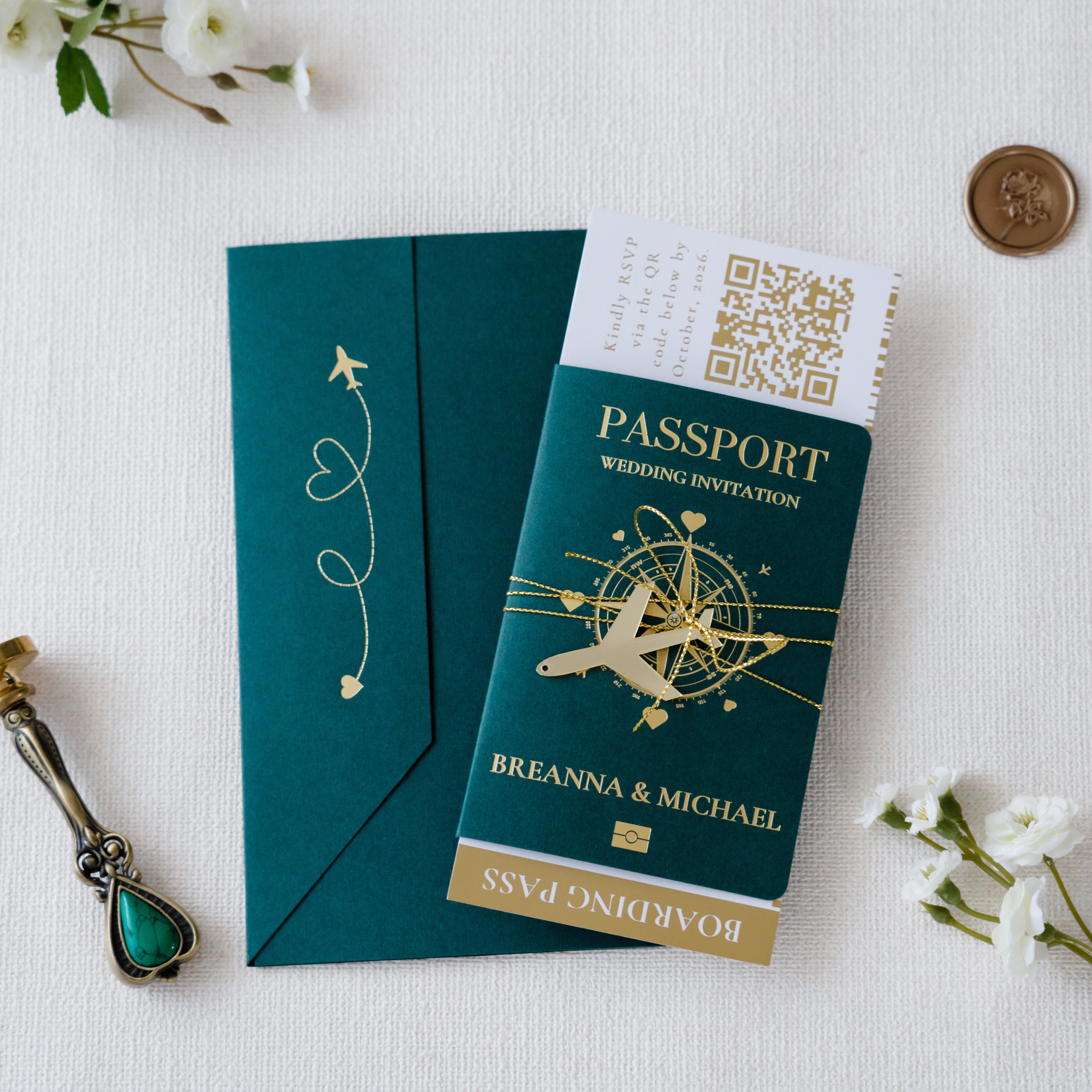 NingsPaper Emerald Green Wedding Passport Invite in Pocket & Mirror Ta