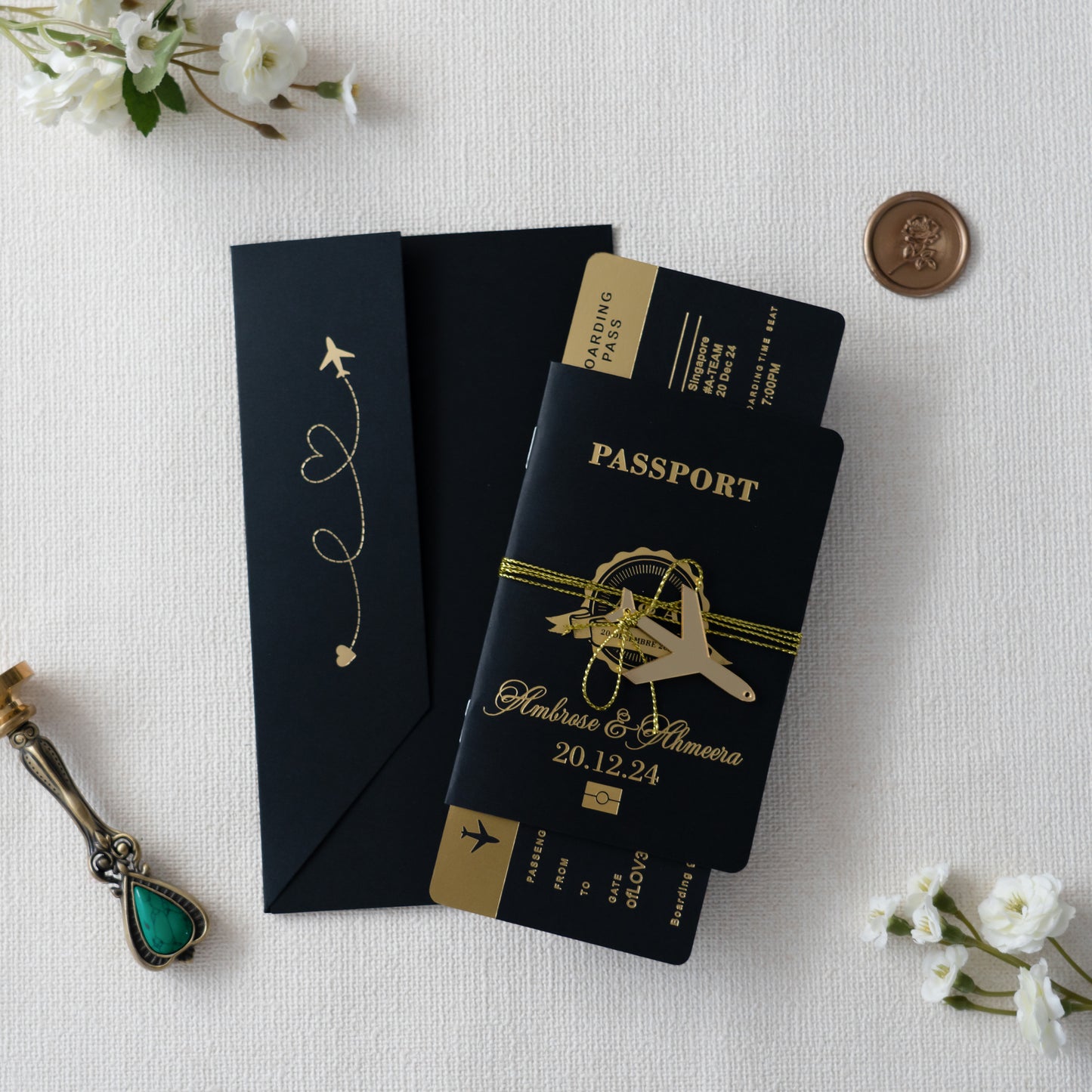 NingsPaper Black Wedding Passport Invite in Pocket & Mirror Tag Passport Invitation Suite