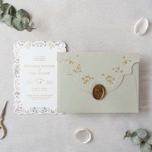 NingsPaper Sage Green Foil Print Liner Envelopes with Foil Print Floral Wedding Invitation Card