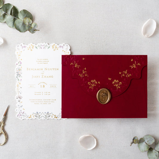 NingsPaper Burgundy Foil Print Liner Envelopes with Foil Print Floral Wedding Invitation Card