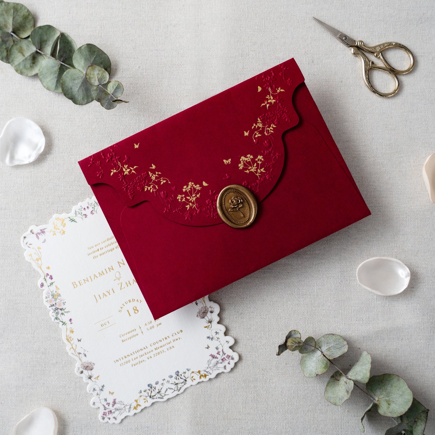 NingsPaper Burgundy Foil Print Liner Envelopes with Foil Print Floral Wedding Invitation Card