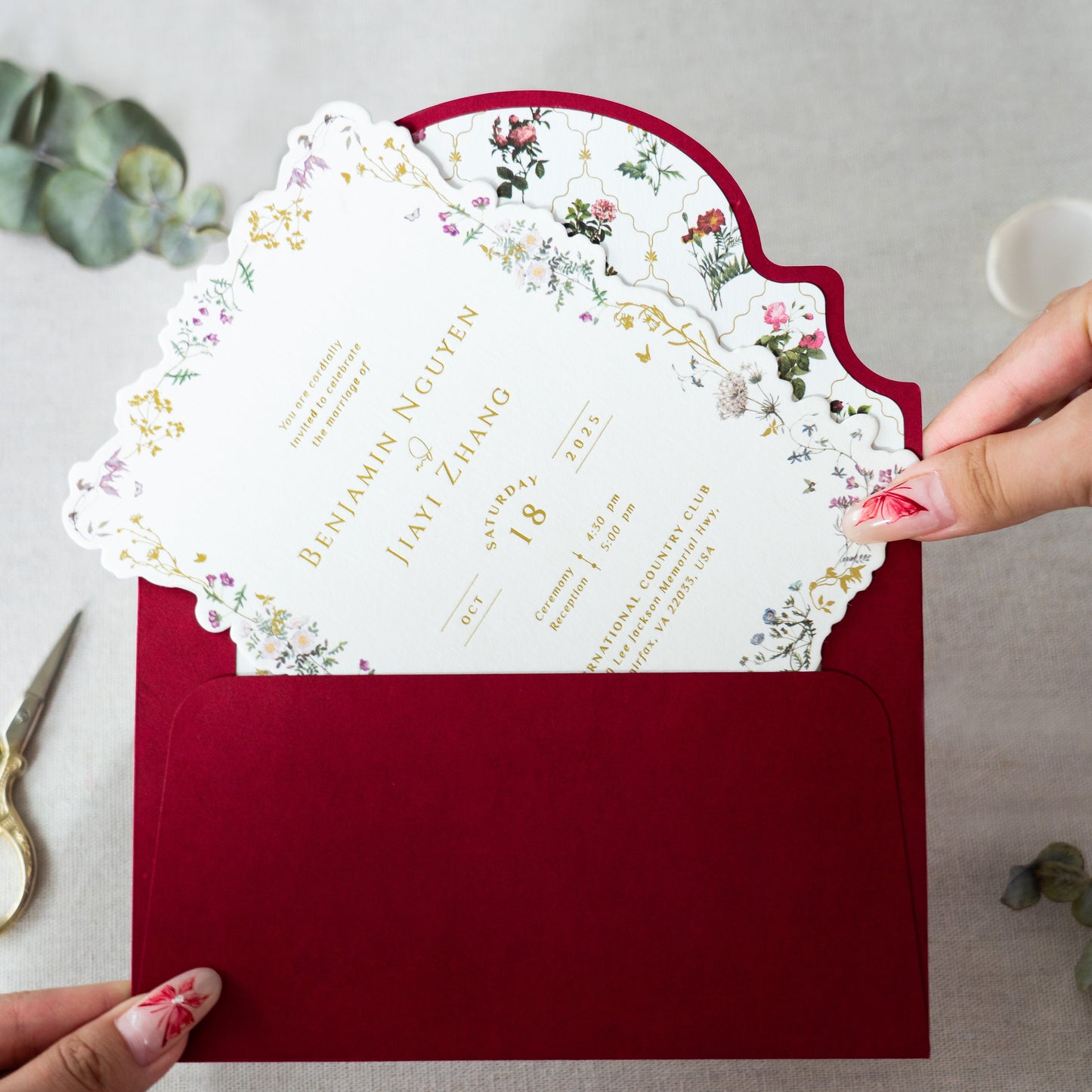 NingsPaper Burgundy Foil Print Liner Envelopes with Foil Print Floral Wedding Invitation Card