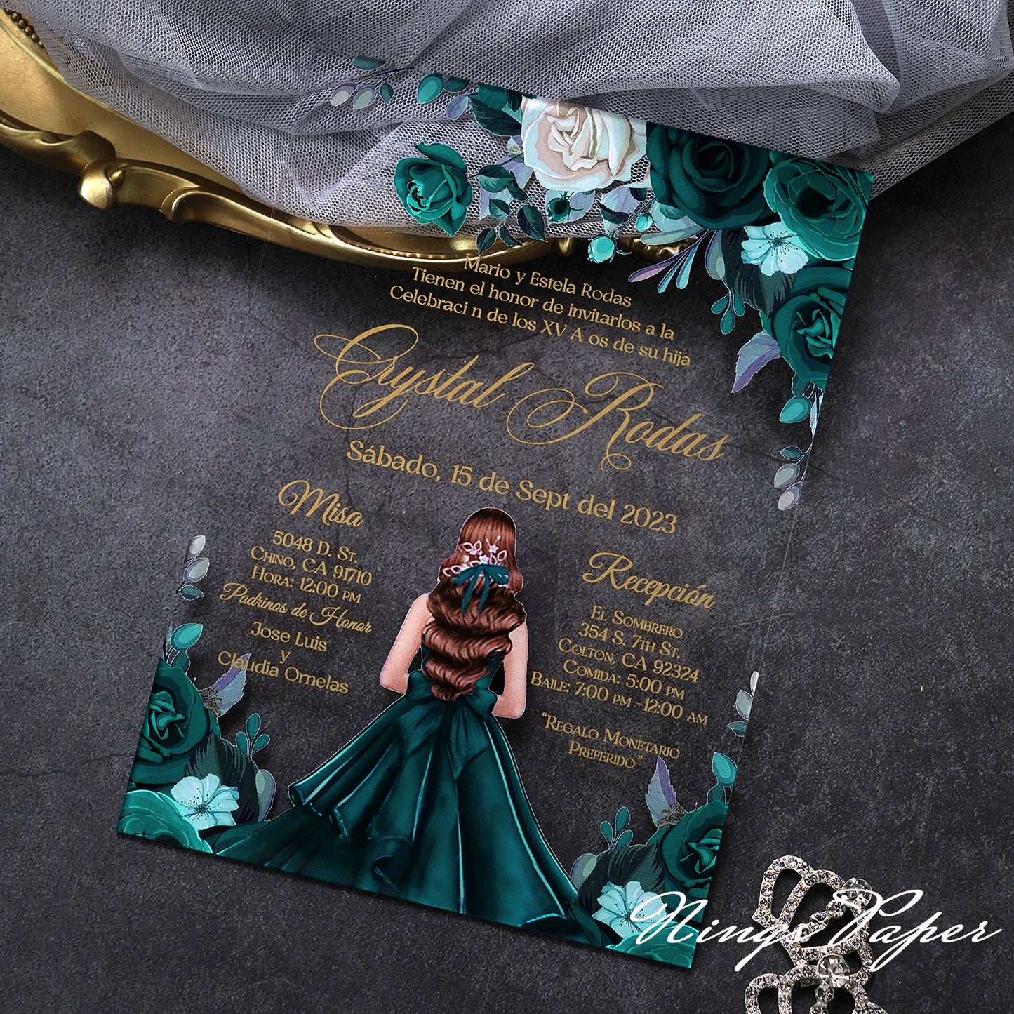 1mm/0.04" Emerald Green Acrylic Quinceanera Invitation Cards with Envelopes