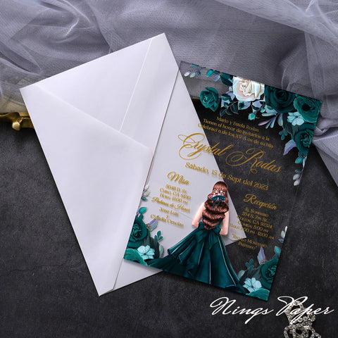 1mm/0.04" Emerald Green Acrylic Quinceanera Invitation Cards with Envelopes