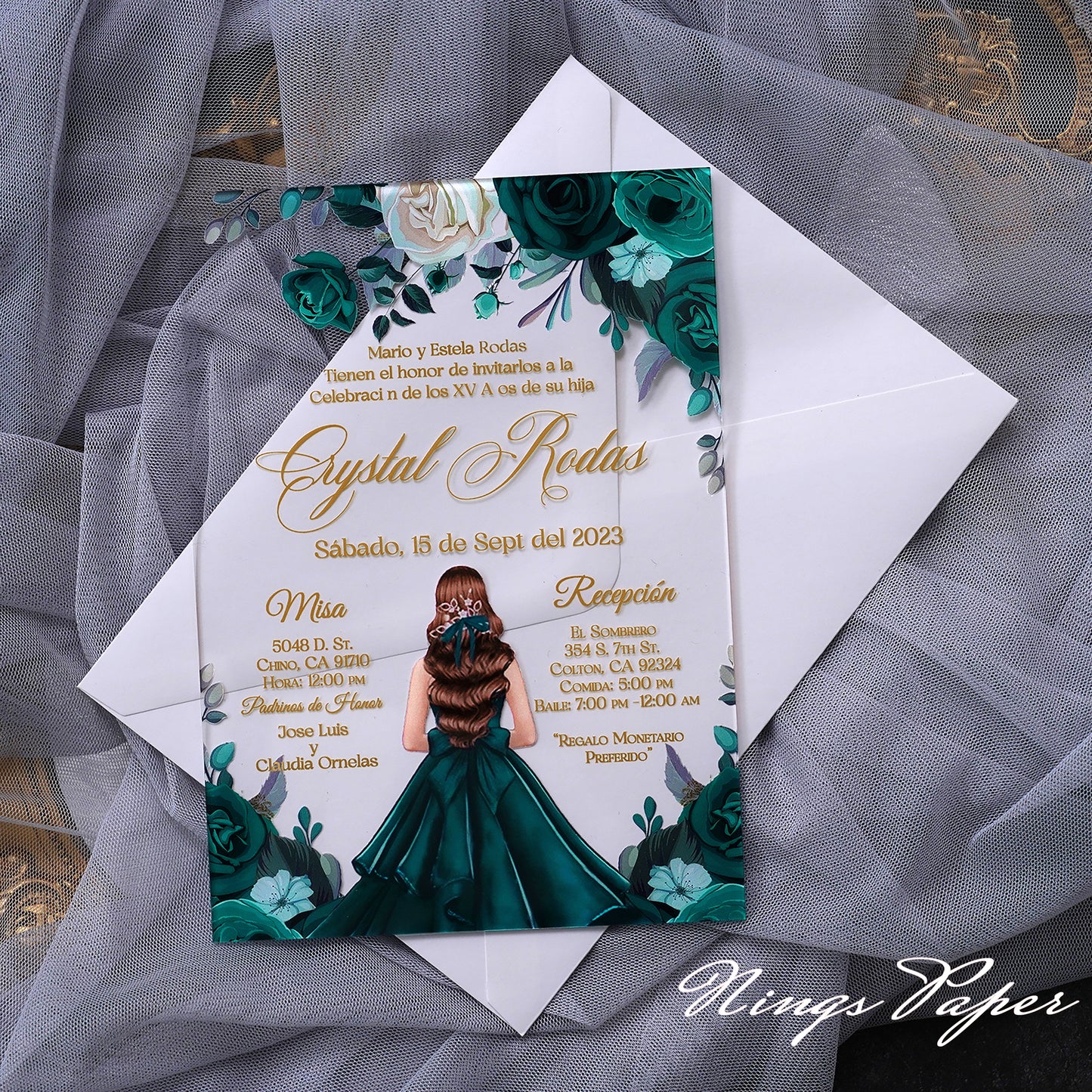 1mm/0.04" Emerald Green Acrylic Quinceanera Invitation Cards with Envelopes