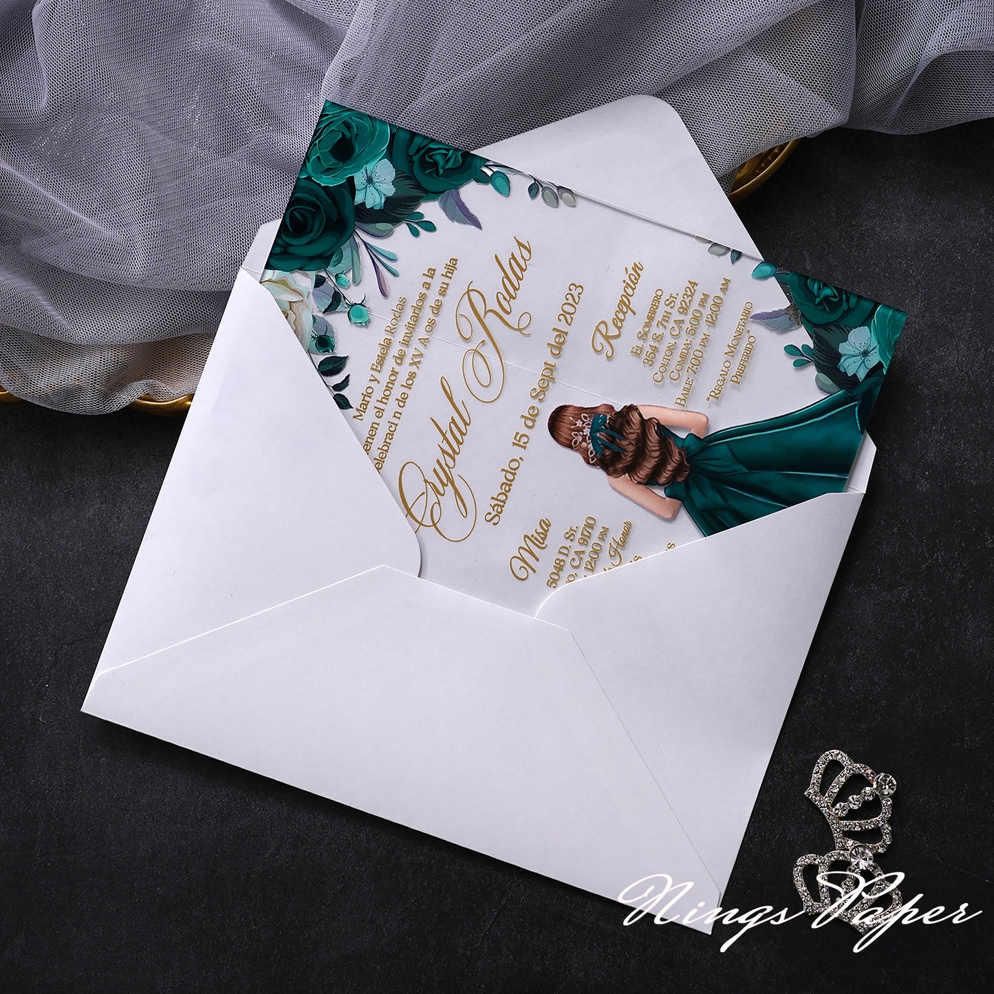 1mm/0.04" Emerald Green Acrylic Quinceanera Invitation Cards with Envelopes