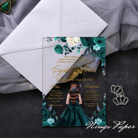 1mm/0.04" Emerald Green Acrylic Quinceanera Invitation Cards with Envelopes