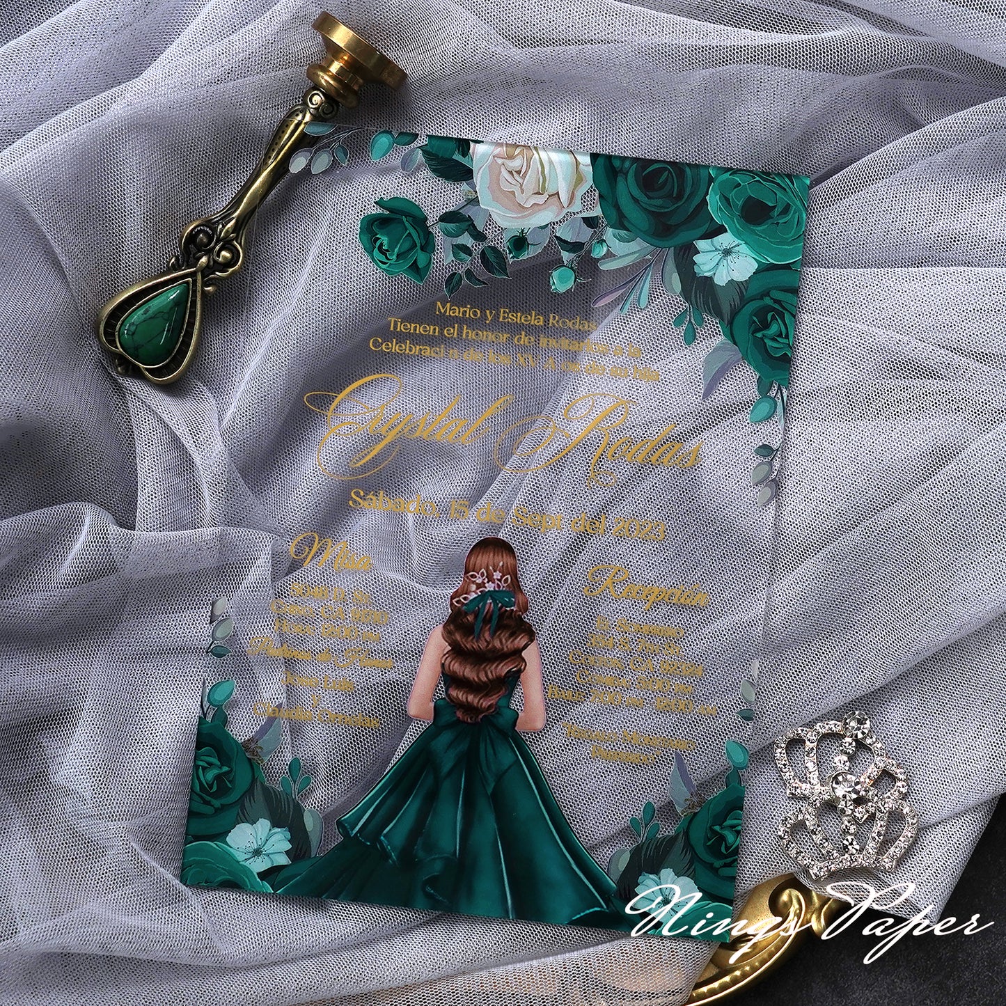 1mm/0.04" Emerald Green Acrylic Quinceanera Invitation Cards with Envelopes