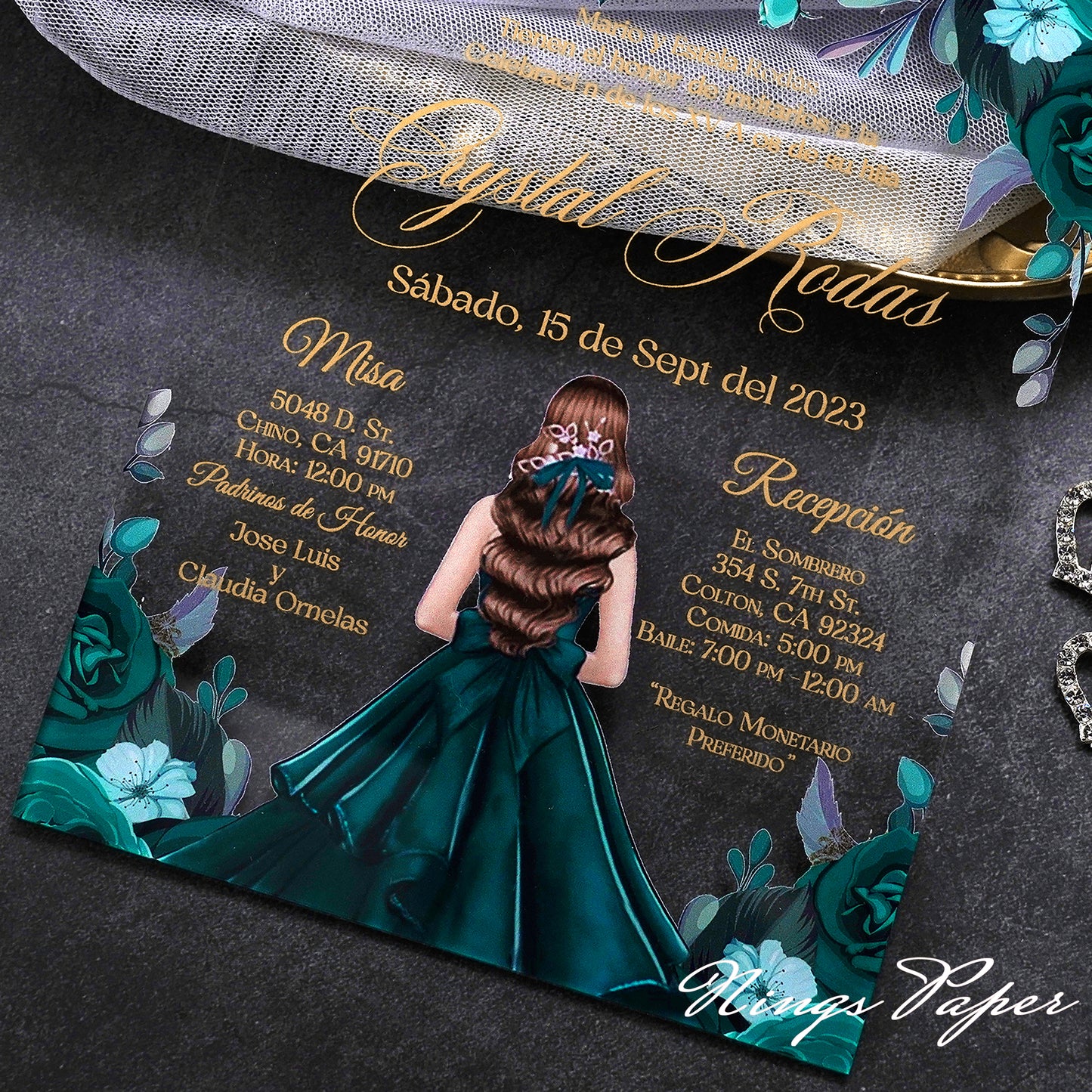 1mm/0.04" Emerald Green Acrylic Quinceanera Invitation Cards with Envelopes