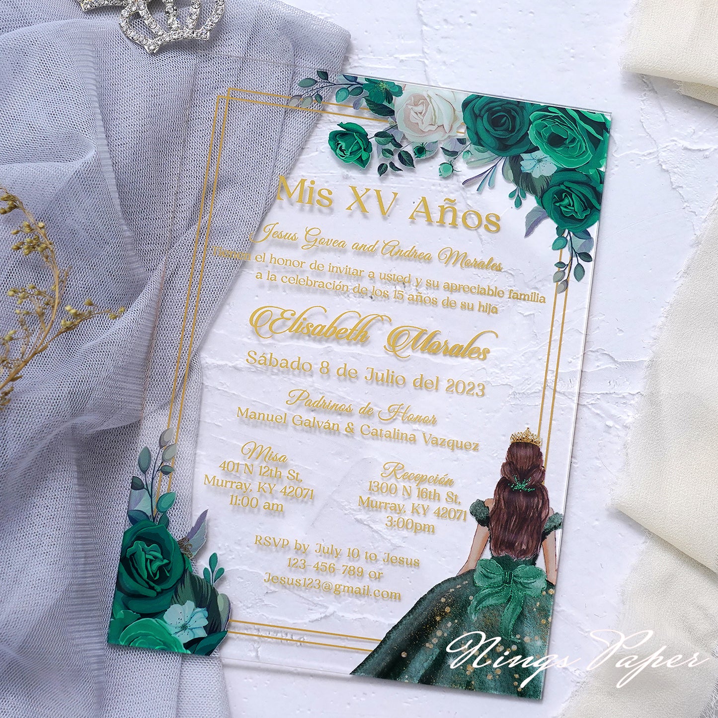 1mm/0.04" Emerald Green Acrylic Quinceanera Invitation Cards with Envelopes (EG029)