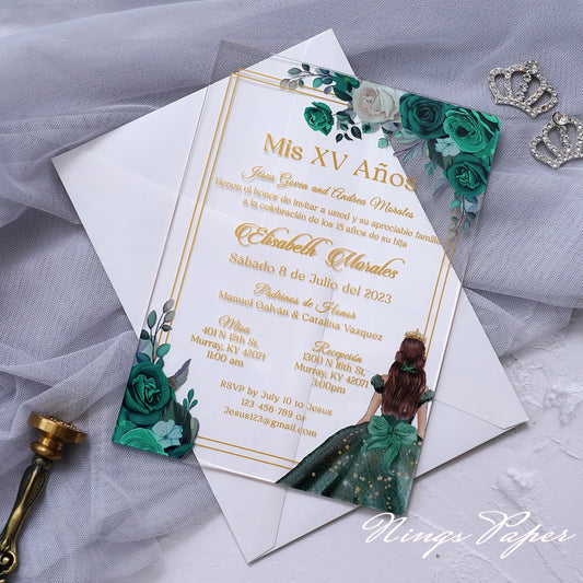 1mm/0.04" Emerald Green Acrylic Quinceanera Invitation Cards with Envelopes (EG029)