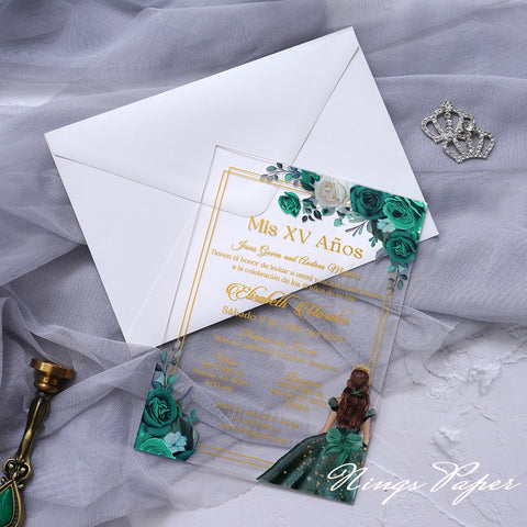 1mm/0.04" Emerald Green Acrylic Quinceanera Invitation Cards with Envelopes (EG029)