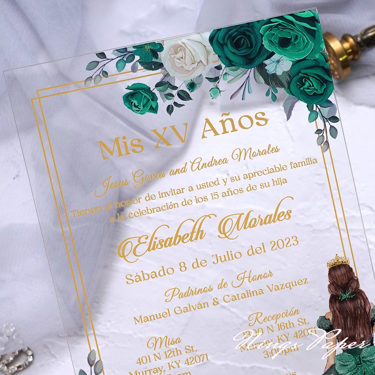 1mm/0.04" Emerald Green Acrylic Quinceanera Invitation Cards with Envelopes (EG029)