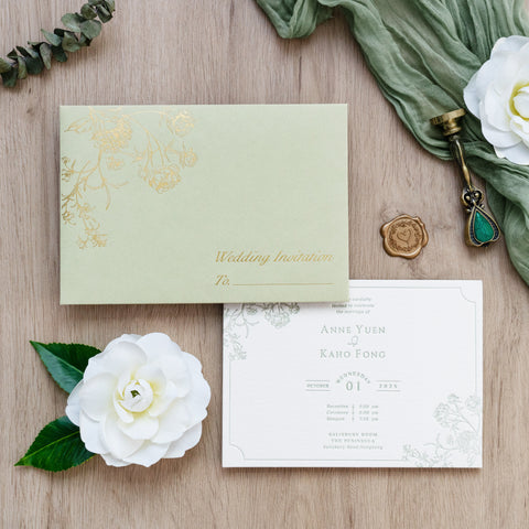 NingsPaper Sage Green Foil Print in Gold Envelopes with Letterpress Floral Wedding Invitation Card