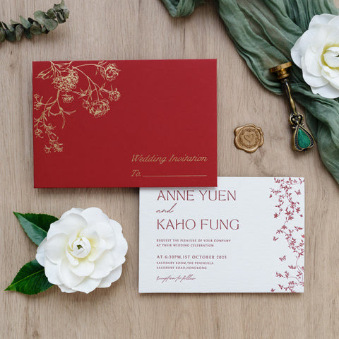 NingsPaper Red Foil Print in Gold Envelopes with Letterpress Floral Wedding Invitation Card