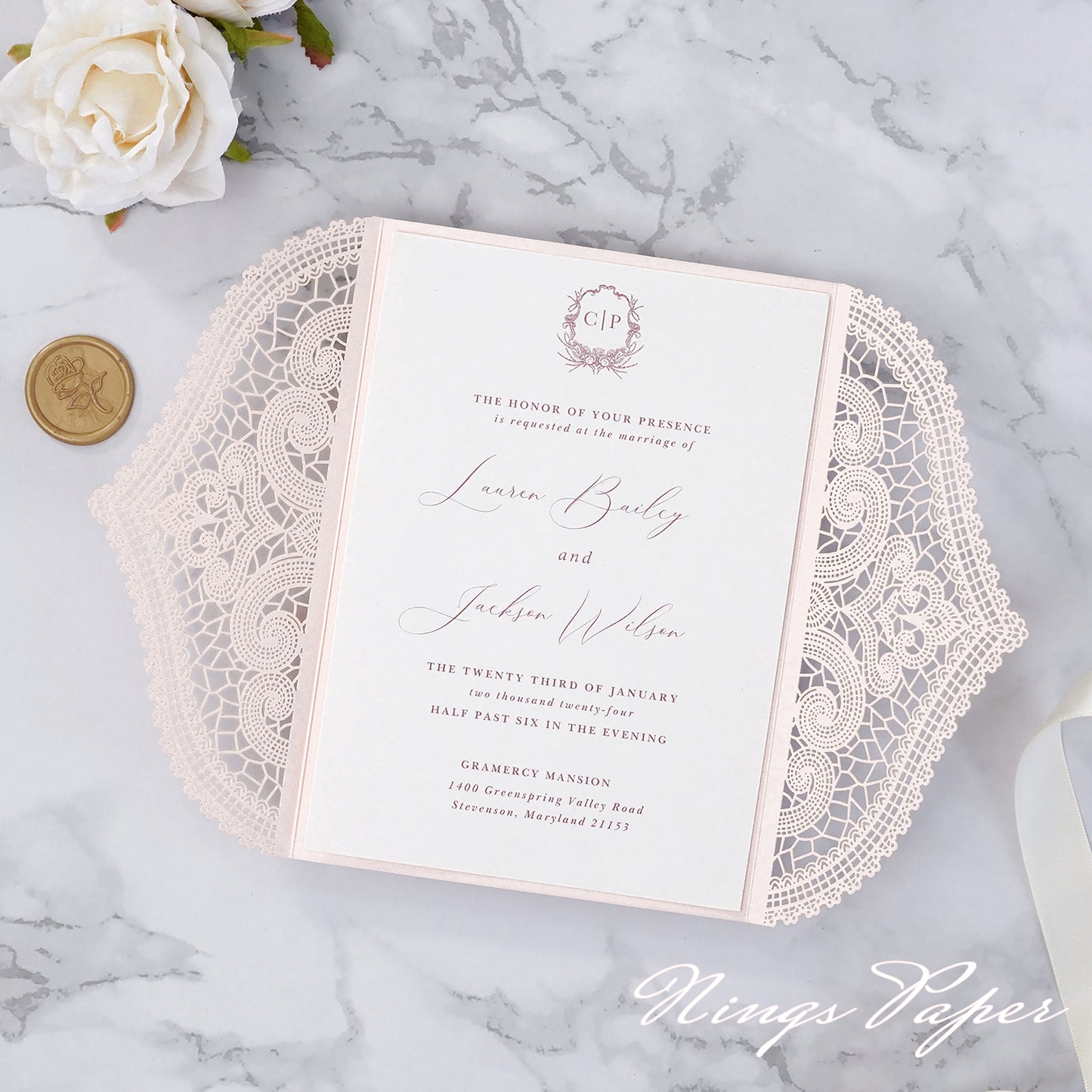 NingsPaper Blush Pink Laser Cut Invitation Cards with Ivory Belly Band and Wax Seal