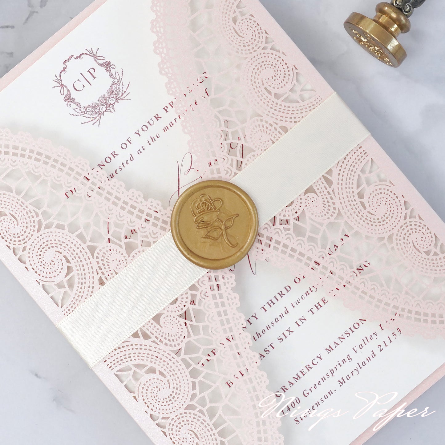 NingsPaper Blush Pink Laser Cut Invitation Cards with Ivory Belly Band and Wax Seal