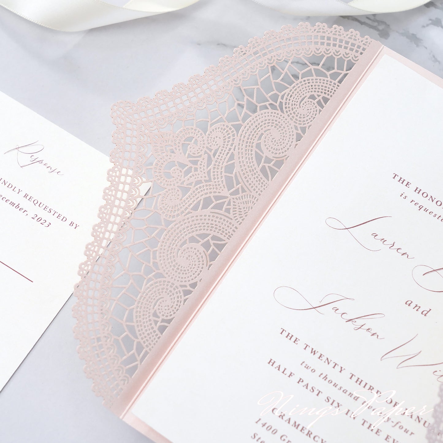 NingsPaper Blush Pink Laser Cut Invitation Cards with Ivory Belly Band and Wax Seal