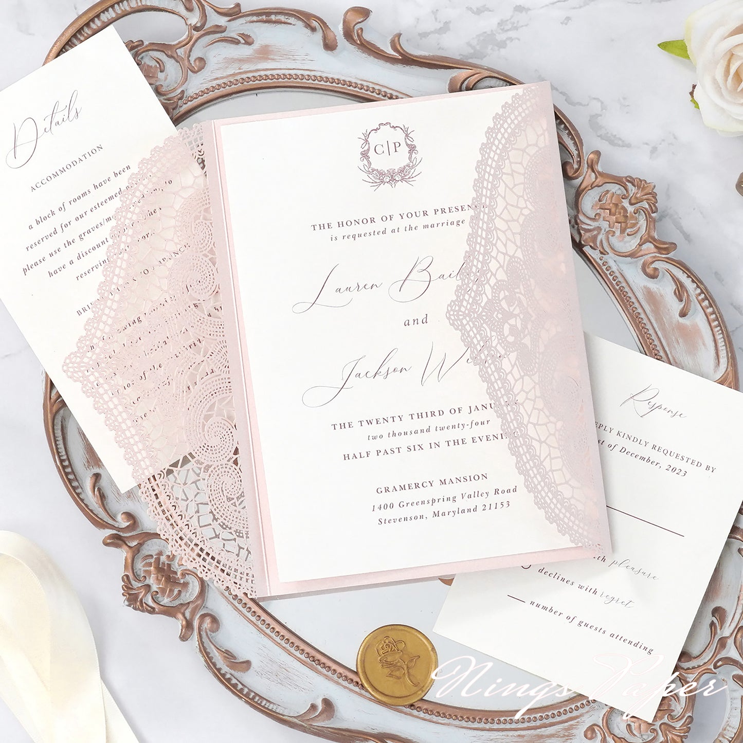 NingsPaper Blush Pink Laser Cut Invitation Cards with Ivory Belly Band and Wax Seal