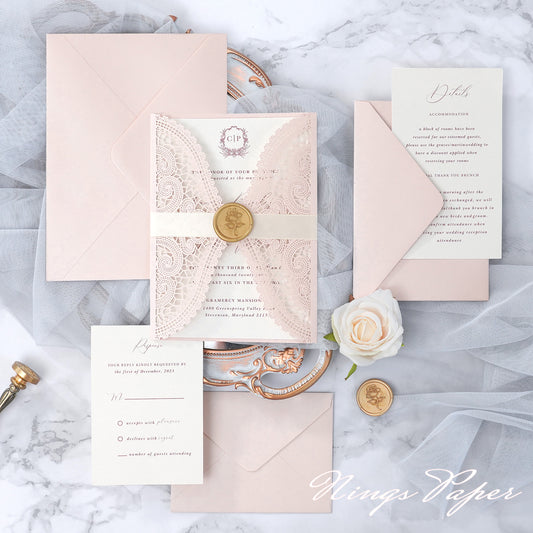 NingsPaper Blush Pink Laser Cut Invitation Cards with Ivory Belly Band and Wax Seal