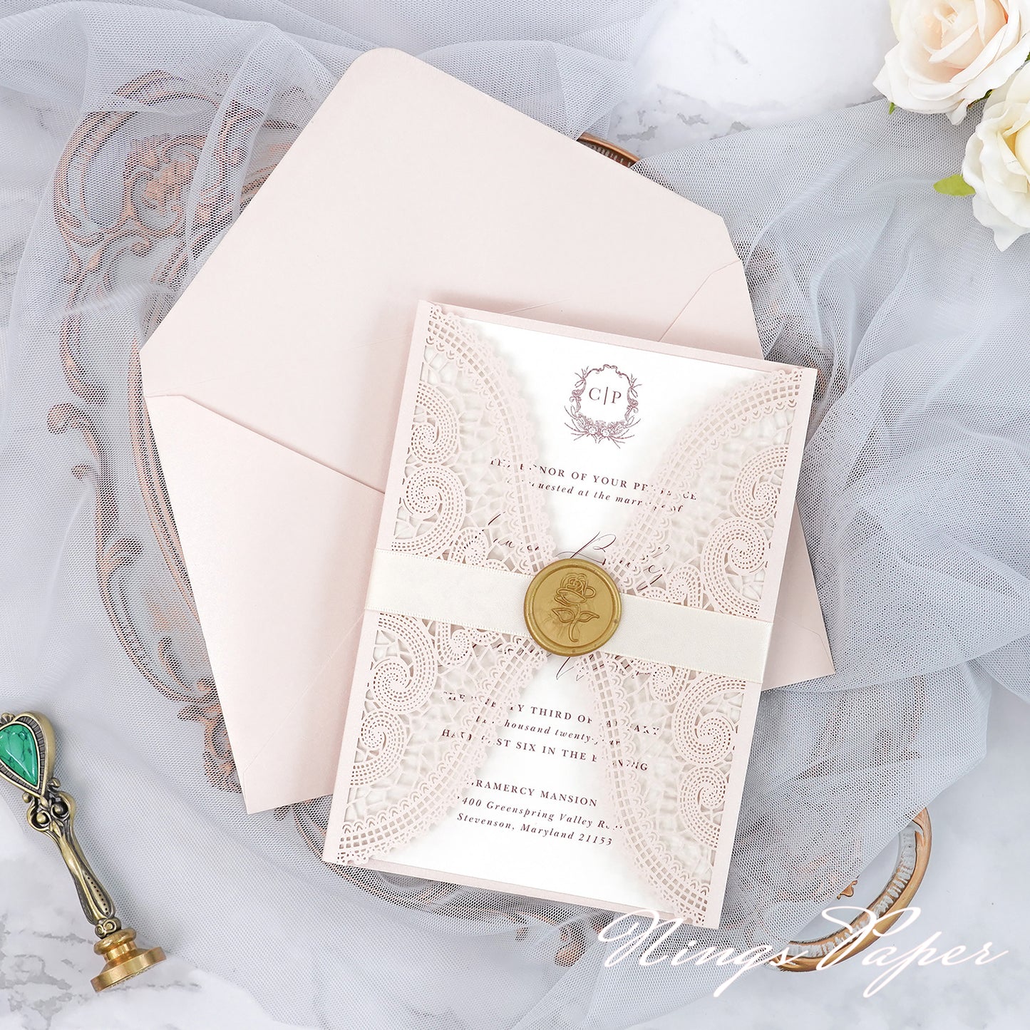 NingsPaper Blush Pink Laser Cut Invitation Cards with Ivory Belly Band and Wax Seal