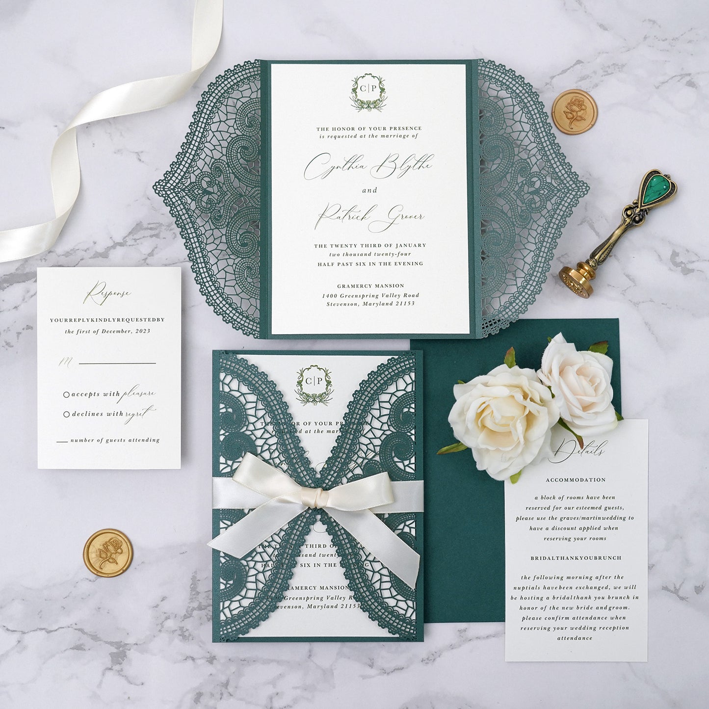 NingsPaper Emerald Green Laser Cut Invitation Cards with Ivory Belly Band and Wax Seal