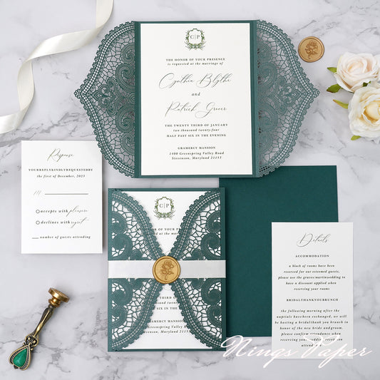 NingsPaper Emerald Green Laser Cut Invitation Cards with Ivory Belly Band and Wax Seal