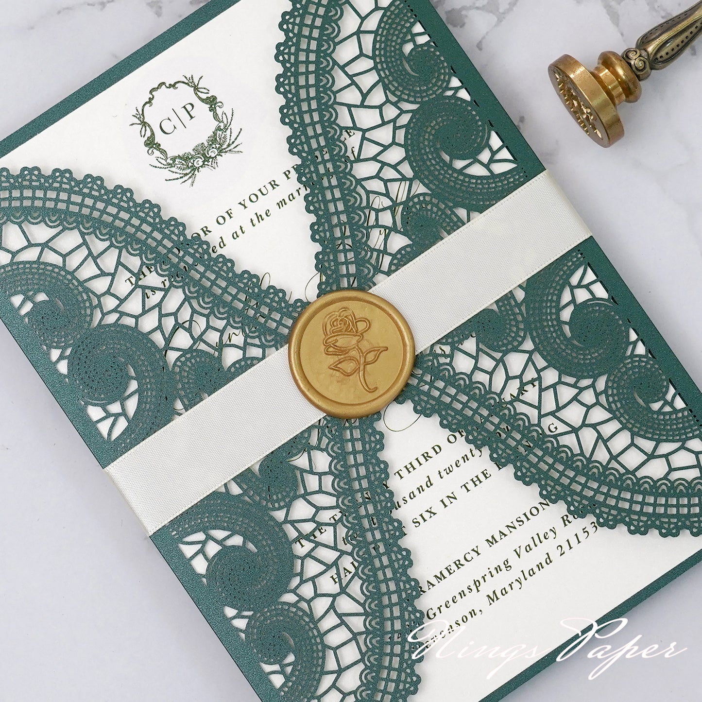 NingsPaper Emerald Green Laser Cut Invitation Cards with Ivory Belly Band and Wax Seal