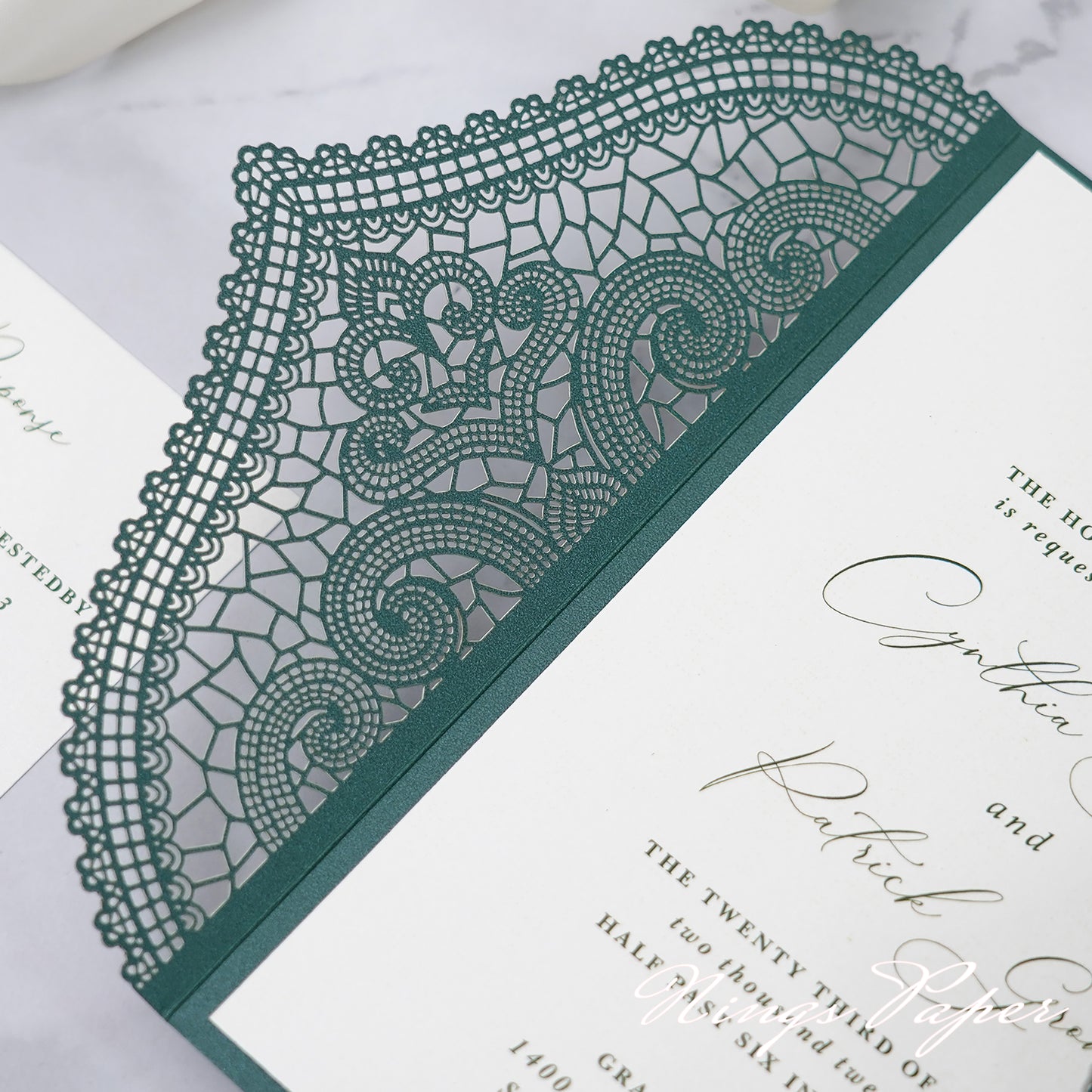 NingsPaper Emerald Green Laser Cut Invitation Cards with Ivory Belly Band and Wax Seal